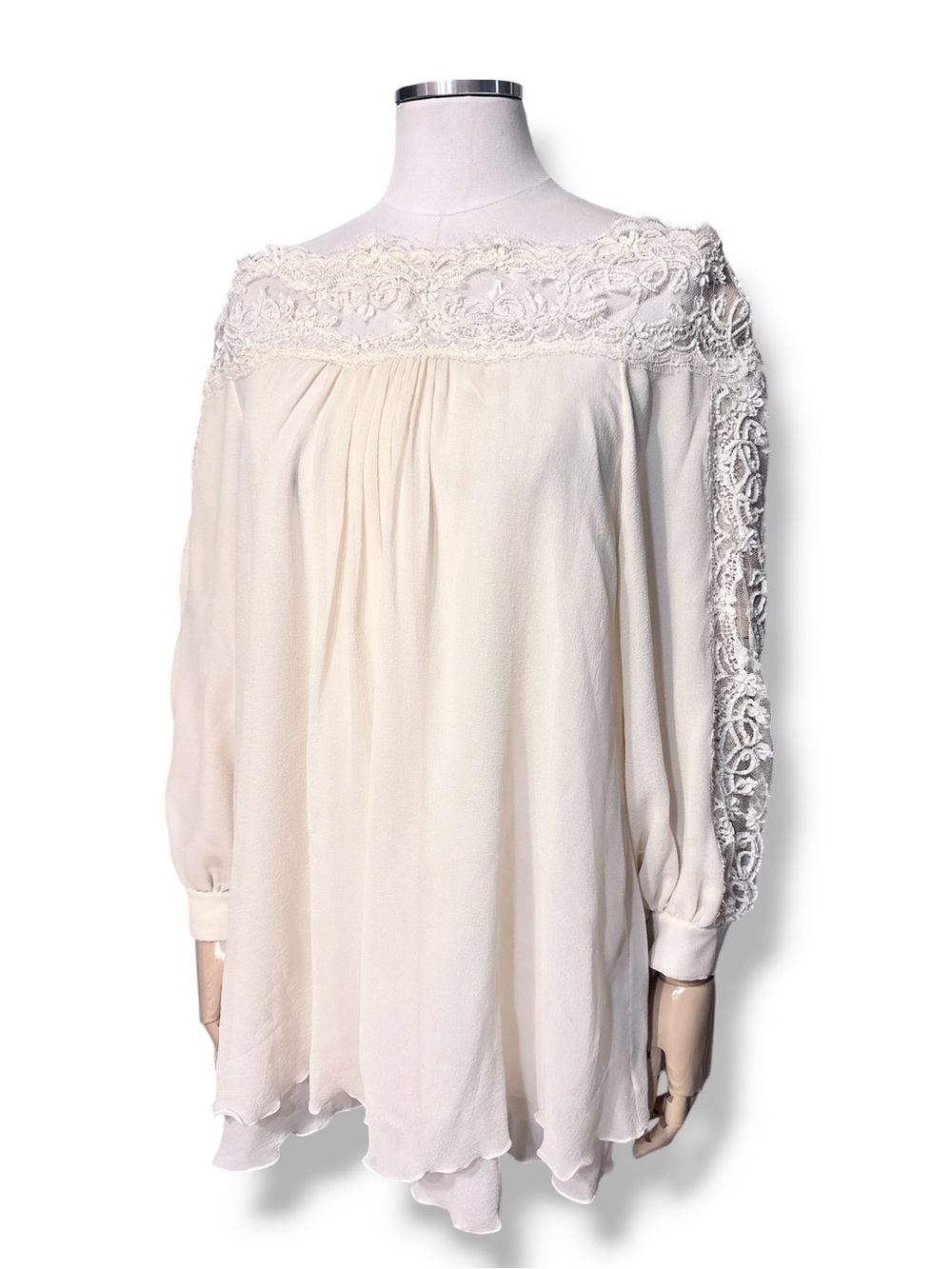 CARLOS MIELE Cream Silk Chiffon Tiered Beaded Lace Off The Shoulder Blouse